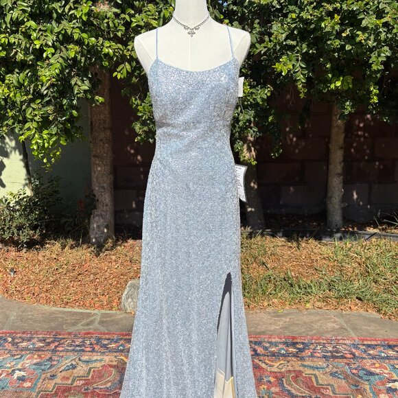 Betsy & Adam Silver Sequin Gown Light Blue Ice Silver Size 8 NWT Prom - Picture 8 of 10